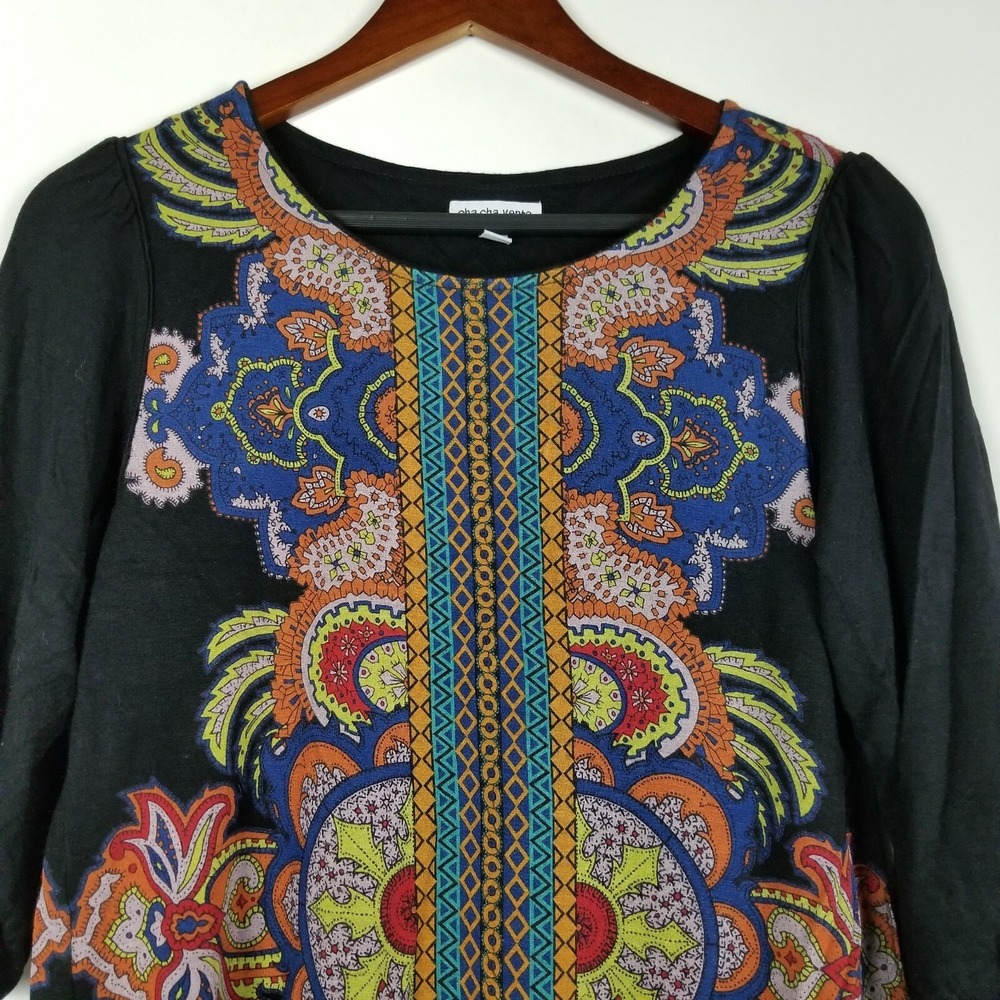 Cha Cha‎ Venti Womens Tunic Size S Black Stretchy Floral Mandolin Print Blouse - Picture 2 of 6